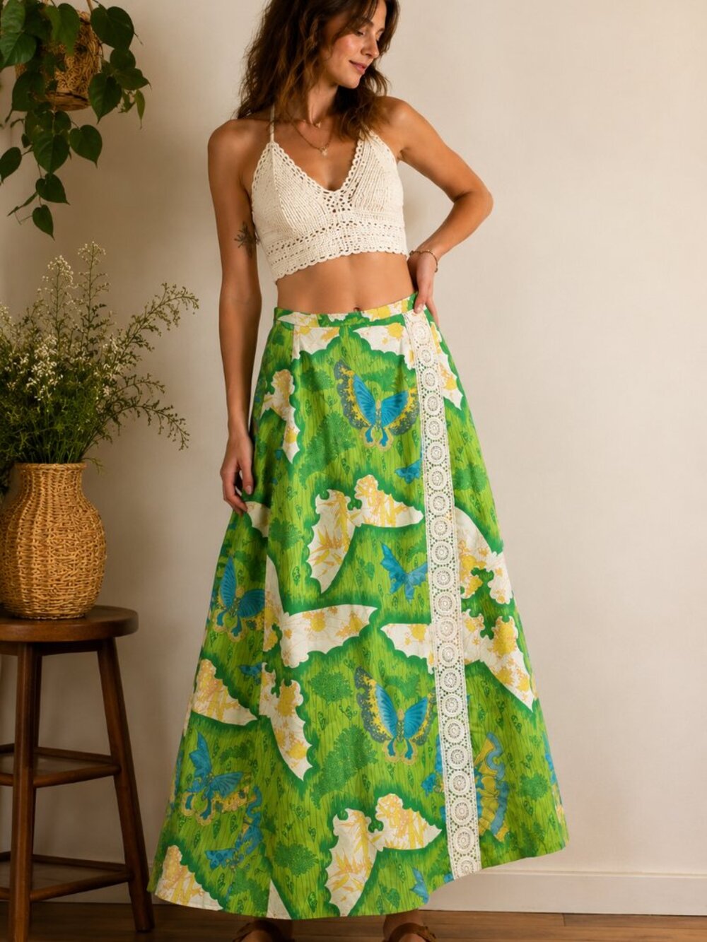 Vintage Butterfly Print Wrap Skirt Cottagecore Boho A-Line